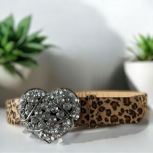 Leapord Print Black Tan Vegan Leather Belt With Heart Rhinestone Buckle Size M/L